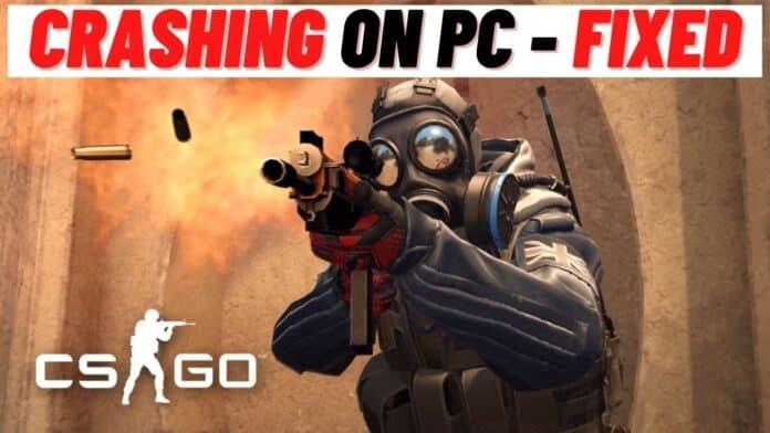 A computer with a Counter-Strike: Global Offensive game screen displayed, with an error message reading 'CSGO has stopped working