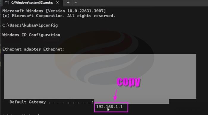 open the command prompt again and copy the default gateway address