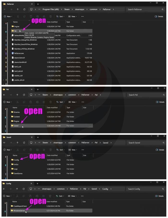 Open the folders in order to find the DefaultPalWorldSettings.ini file