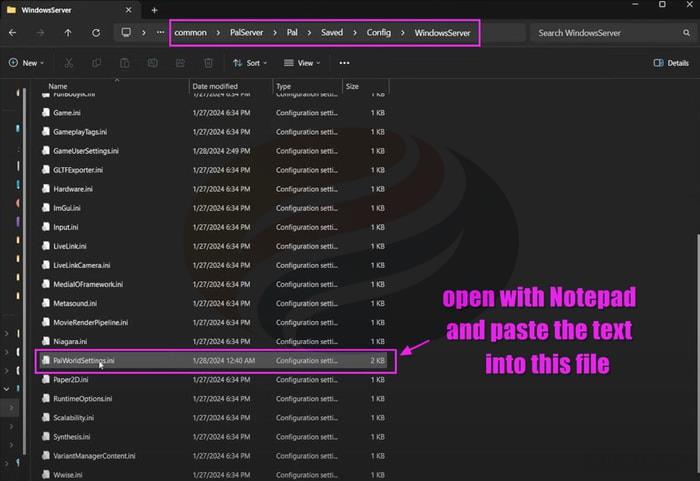 Paste the text you copied into the DefaultPalWorldSetting.ini. file