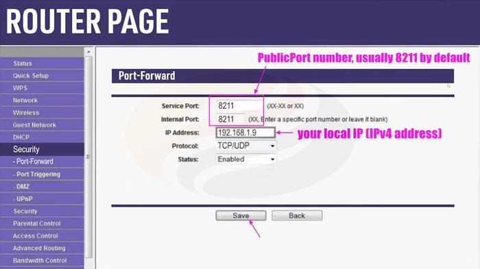 port forward IP address for your Palworld Dedicated Server on your router page